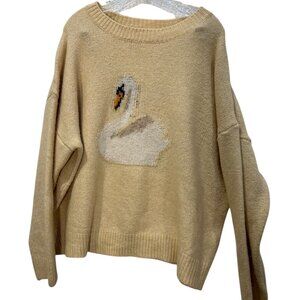 Bailey Rose tan white swan intarsia knit wool blend sweater M oversized